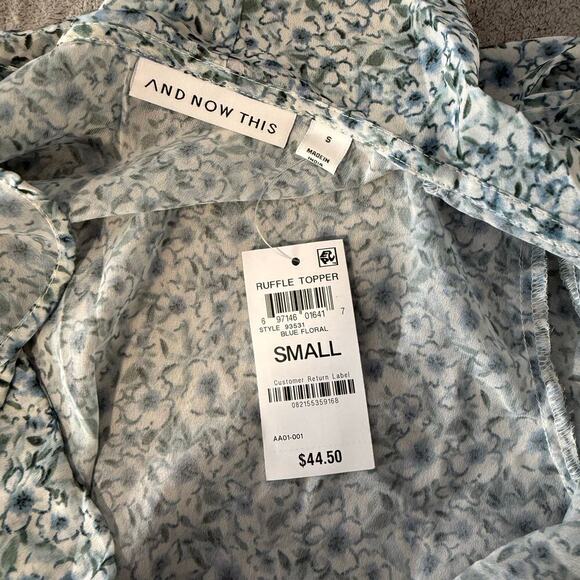 Women's Floral Print Ruffle Topper Tie-Waist Bell-Sleeve Top, Blue, S - Picture 3 of 6